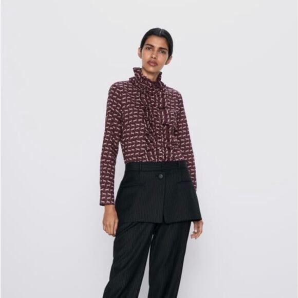 Zara Horse Print Shirt Ruffle Trim Women Size XL Burgundy Maroon Pink Slim Fit - Picture 6 of 7